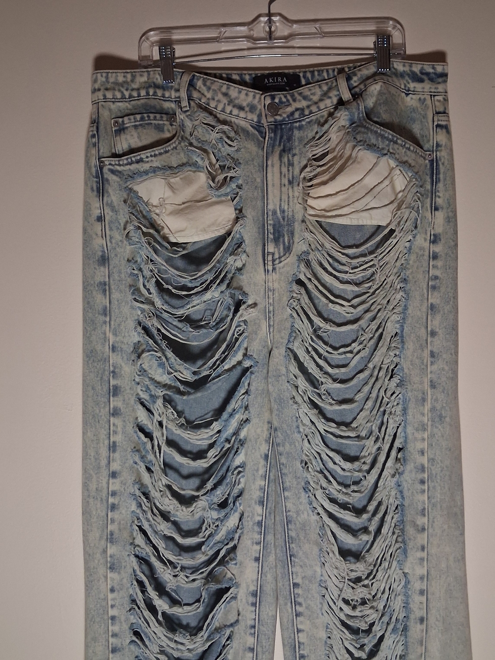 Akira Womens Acid Wash Heavily Distressed Shredded Wide Leg Jeans Light Blue 1X - Picture 9 of 16